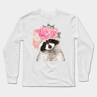 Baby Raccoon with Flower Crown Long Sleeve T-Shirt